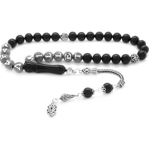 Tesbihane 925 Sterling Silver Tassels Sphere Cut Name Written in Erzurum Oltu stone Rosary