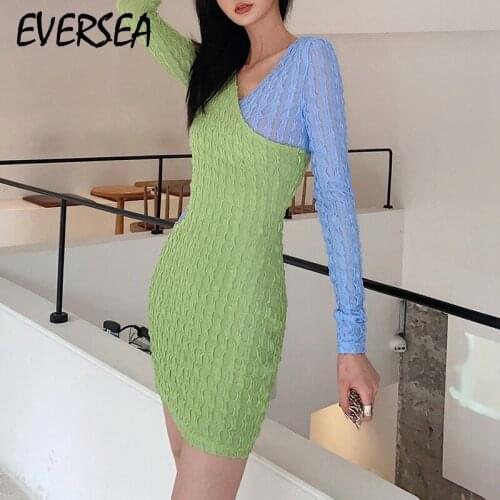 Eversea Blue and Green Color Joint V Neck One Pieces Women Lady Sexy Night Pub Fashion Dress
