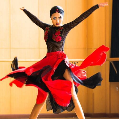 Latin Dance Dress Black Mesh Embroidery Top Red Sexy Slit Long Skirts Latin Costumes Women Clothes Performance Wear DNV10089