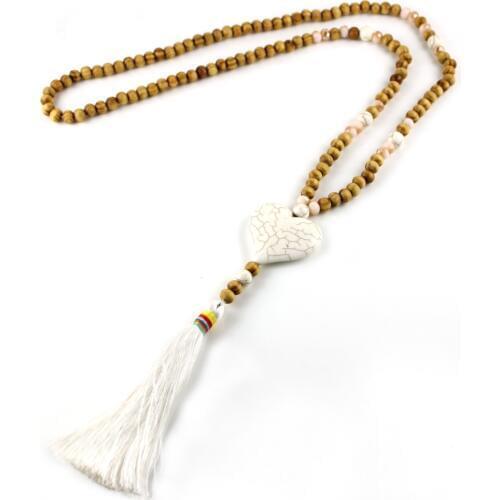 TRHRT Necklaces for Women Statement Wood Crystal Beads Strand Necklace White Handmade Tassel Pendant Long Necklace