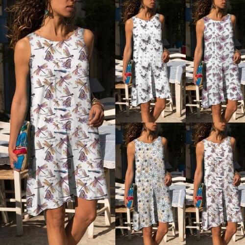 2021 summer new skirt womens dress, round neck national style Dragonfly butterfly print cotton hemp large size sleeveless women