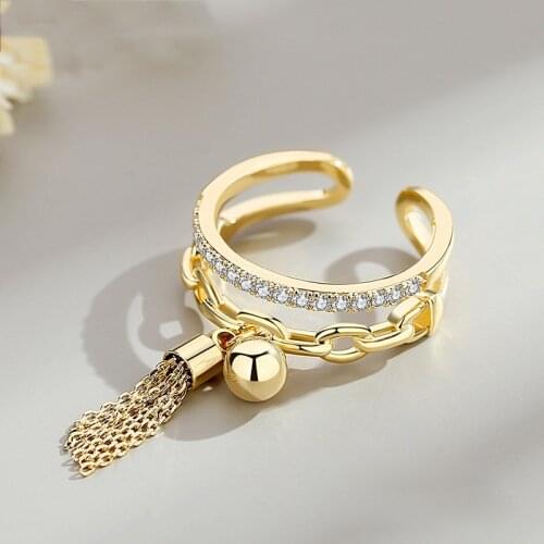 Womens Vintage Ethnic Crystal Rings Link Chain Zirconia With Spike Pendant Tassel Bohemia Finger Ring Opening Ring Band Jewelry