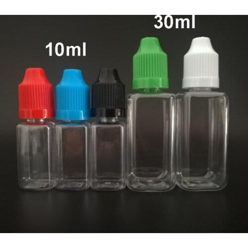 100pcs 10ml 30ml Square Shape E Liquid Bottle PET Plastic Dropper Bottles With Childproof Caps And Needle Tips