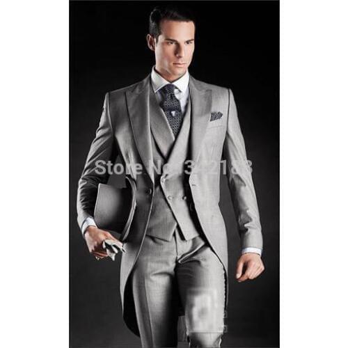 2015 Free shipping Beautiful Light Grey Morning Suits Groom Tuxedos Suit (Jacket+Pants+Vest+Tie+Kerchief)/western suitswedding m