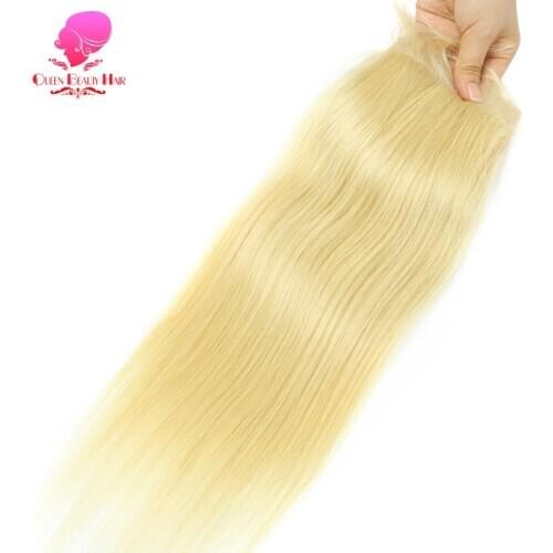 QUEEN BEAUTY HAIR Brazilian 613 Blonde Lace Closure Straight 4x4 Remy Human Hair Closure Free Part Bleached Knots With Baby Hair