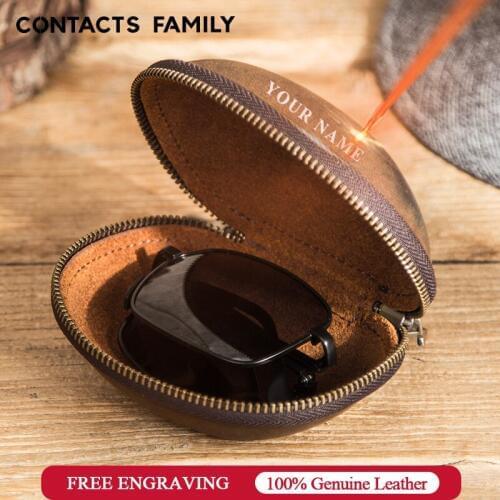 CONTACTS FAMILY Retro Cow Leather Protable Folding Sunglasses Protector Travel Pack Pouch Glasses Case Zipper Box Hard Eyewear
