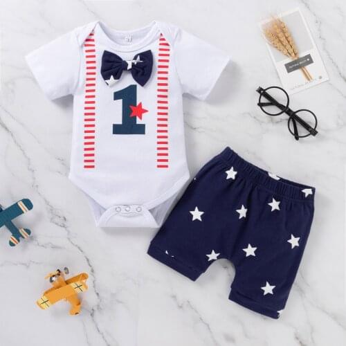 Infant Baby Boys Bowtie Romper Creative Printing Romper 4th Of Julys First Birthday Stars+shorts Outfits Conjuntos Para Bebé