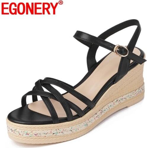 EGONERY Women summer New Style Sandals Genuine Leather Fashion Leisure Slope Heel Round Toe Concise Comfortable office lady