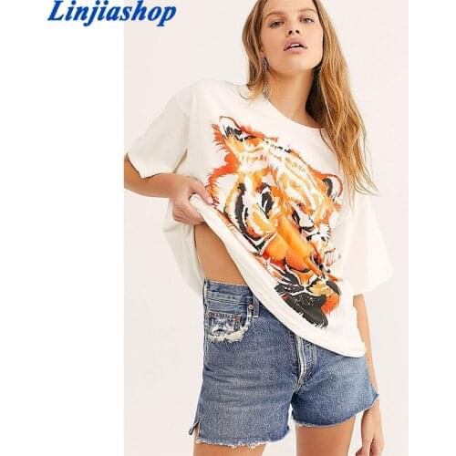 Oversized Tiger Tee Graphic Women T-Shirt Cotton Loose Slouchy tee shirts O-Neck Pullover Short Sleeve Summer tshirt Top