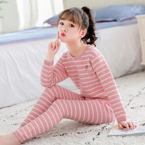 H5730 Girl Thermal Pajamas Set Thickened Cotton Autumn Winter Long Sleeve Warm Nightwear Teenager Round Collar Cartoon Sleepwear
