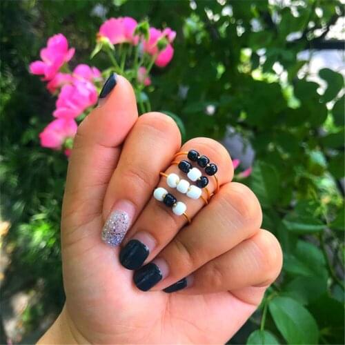 Handmade Reduce Pressure Glass Beaded Ring Women Relax Anxiety Fidget Adjustable Folding Rings Black White Beads Meditation A999