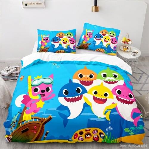 3D Cartoon Shark Sharks Printed Bedding Set Duvet Cover with Pillowcase Set Bed Linens Bedclothes for Children Kids Boys Girls