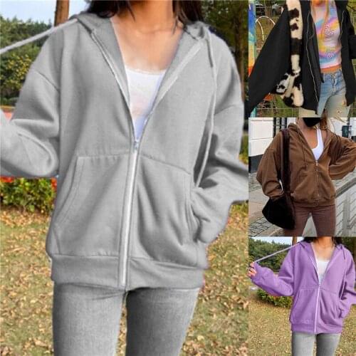 Brown Zip Up Sweatshirt Winter Jacket Clothes Hoodies Women Vintage Pockets Long Sleeve Pullovers
