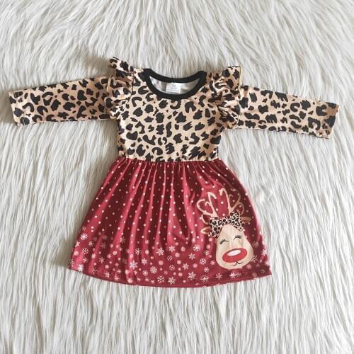 Cute Kids Stitching Long Sleeve Dress Girl Fashion Leopard Frocks With Deer Pattern Toddler Christmas Skirts