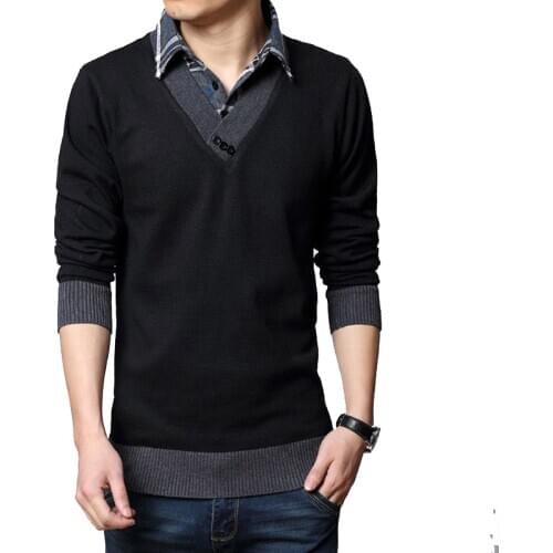 BROWON Slim Sweater Men Autumn Winter Thicked Warm Slim Sweaters Casual Fake Two Design Dress Pullover Men Cotton