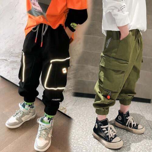 Autumn Baby Boys Pants Cotton Multi-pocket Harem Overalls Reflective Strip Cargo Pants Trendy Kids Clothes Match Casual Trousers