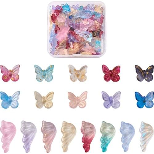 1Box Transparent Spray Painted Glass Butterfly and Wing Charms Pendant for necklace jewelry making,with Glitter Powder Mix Color