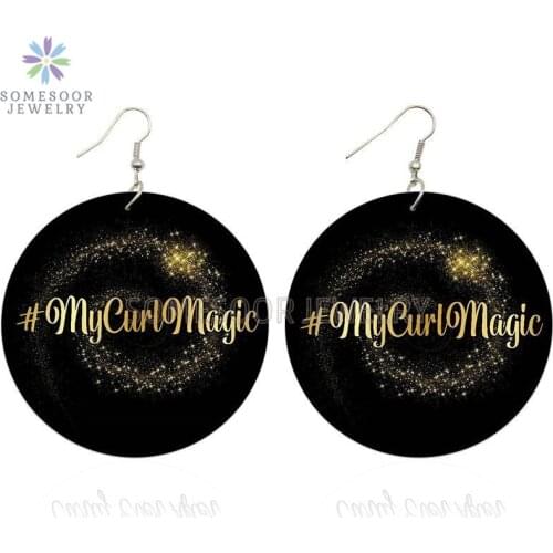SOMESOOR Girl Curl Magic Arts African Wooden Drop Earrings Melanin Black Sayings Double Sides Printed Wood Dangle For Women Gift