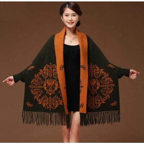 All-Match Ladies Wearable Tassel Poncho Winter Sleeve Scarf Women Cape Shawl Thick Pashmina Shawls Wraps Reversible Poncho Capes