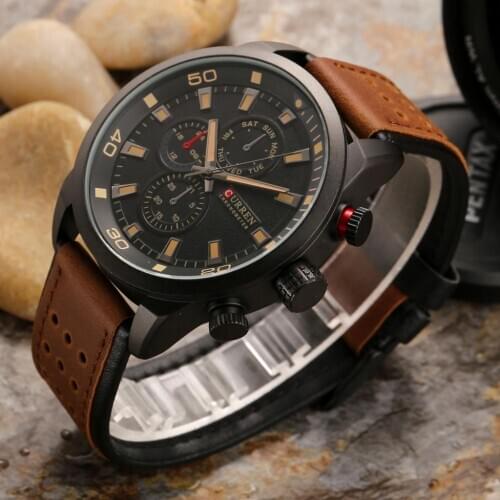 Water-proof Mens Stainless Steel Case Leather Band Quartz Analog Wrist Watch