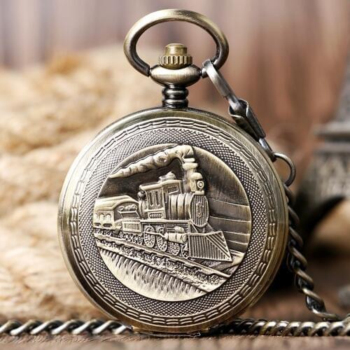 High Quality Retro Bronze Silver Golden Locomotive Theme Roman Number Double Full Hunter Hand-wind Mechanical Pocket Watch