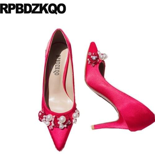 Pearl Satin Rhinestone Diamond High Heels White Bridal Pointed Toe Ivory Shoes Wedding 3 Inch Red Crystal Ladies Stiletto Pumps