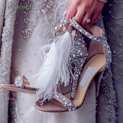 2021 Woman Special High Heels ladies Shoes Crystal Tassels Feather Heels Sandals Summer Dress Stilettos Party Sandal for Women