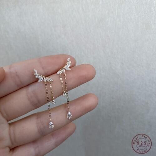 925 Sterling Silver Pavé Crystal Wings Stud Earrings For Women 14k Gold Chain Tassel Earrings French Luxury Wedding Jewelry