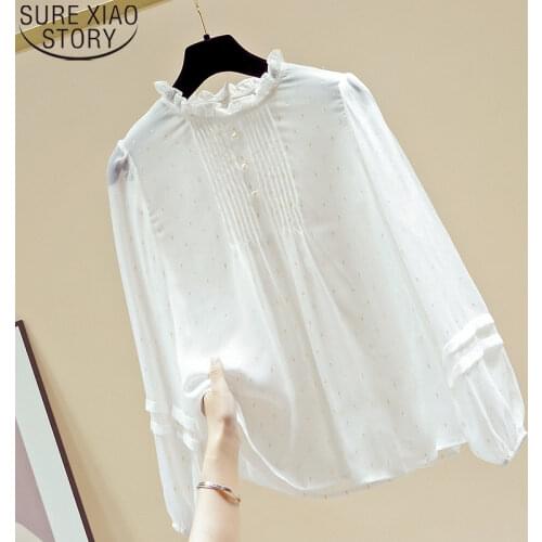 Women Pleated Tops Ruffled Collar 2021 Autumn White Chiffon Shirt Women Long Sleeve Blouse Korean Fashion Clothing Blusas 11228