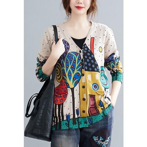 Vintage Knitwear Tree Pattern Printing Women Cardigans Loose Long Sleeved Pocket Outwear V-neck Autumn Casual Outwear 2020 Retro