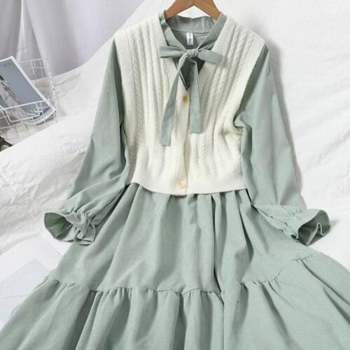 2021 Spring Autumn Suit Women Dress Two Piece Set Casual Sweet Long sleeve Corduroy Midi Dress + V-neck Knitted Vest