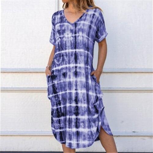 Plus Size Plaid Dress Gradient Color Striped Double Slit Dress Loose Women V Neck Sukienka Baggy Summer Long Dress With Pockets