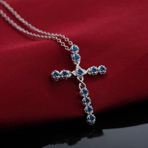 Fashion charm 925 Sterling Silver Necklace For Women Blue crystal cross Pendant birthday gifts classic Wedding party Jewelry