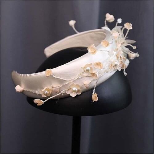 Floral Beaded champagne Satin Hairband Bridal hair wear Wedding Headdress Hair Accessories