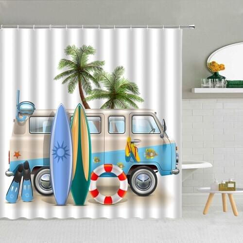 Car Trip Shower Curtain Swimming Ring Surfboard Camper Summer Seaside Scenery Children Bathroom Decoration Accessories Curtains