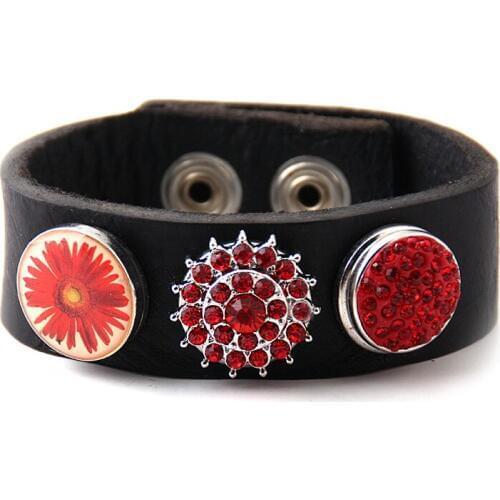 Free drop shipping Beautiful black Leather Wrap Bracelet crystal pave flower & CZ stone metal button leather Bracelet