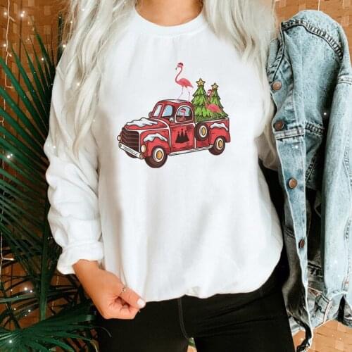 Colored Flamingo Riding Christmas Tree Truck Sweatshirt Cute Women Winter Xmas Holiday Gift Pullovers