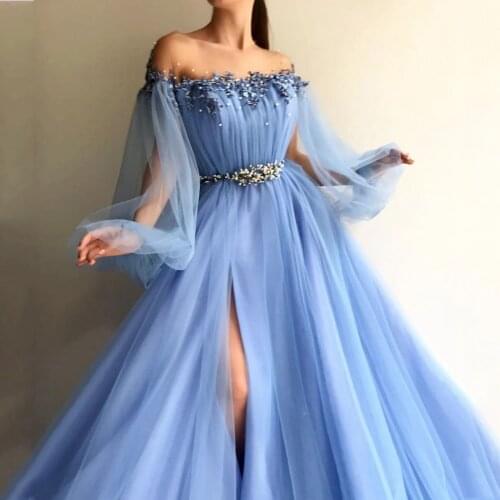 Elegant Prom Dresses Puff Long Sleeves Boat Neck Appliques Beadings Split Tulle Ball Gown Women Evening Dress Homecoming Gowns