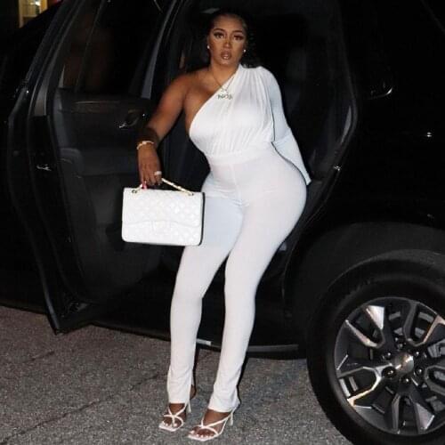 Elegant Irregular White Solid Jumpsuit Women Sexy Folds One Shoulder Long Sleeve Pants Slim Romper Women Jumpsuit New Autumn