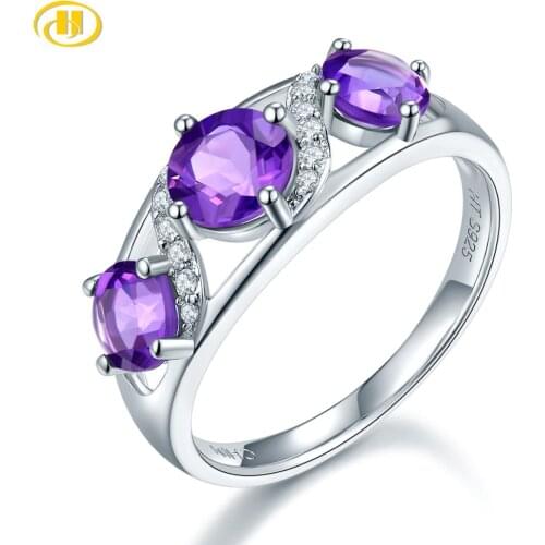 Hutang 3 stones Amethyst Womens Ring Solid Silver 925 Natural Gemstone 1.7ct Engagement Wedding Fine Jewelry