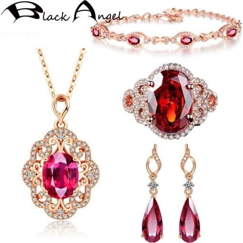 BLACK ANGEL 18k Rose Gold Openwork Ruby Gemstone Bride Jewelry Set Bracelet Drop Earrings Necklace Ring For Women Wedding Gift