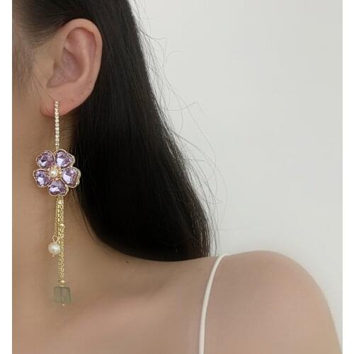 MWSONYA Korean Flower Drop Women Earrings 2021 Trend Ladies Fashion Purple Crystal Chain Tassel Summer Holiday Brincos Jewelry
