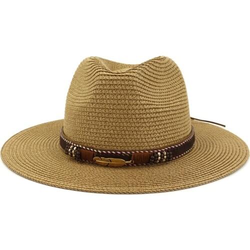 Western Cowboy Hat Sun Hat for Men Cowgirl Summer Hats for Women Lady Straw Hat with Alloy Feather Beads Beach Cap Panama
