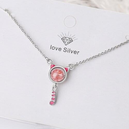 Lovely Pink Cat Head & Tail Natural Crystal Stone Charm Pendant Necklace Silver Color O-Chain Necklace Fashion Jewelry for Women