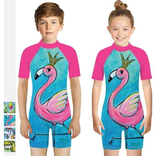 2020NEW Summer Cartoon Flamingo/Dinosaur/Shark Print Cosplay Swimsuit Jumpsuit For Kids Short Sleeve Beach Children Swimwear