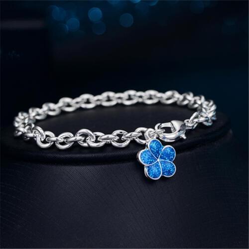 Charm Vintage Lady Flower Blue Crystal Solid Opal Sequin Bracelet for Women Silver Bangle Hand Chain
