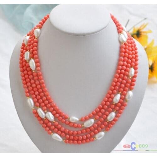 Wholesale natural 5row 21" pink coral bead white baroque pearl NECKLACE