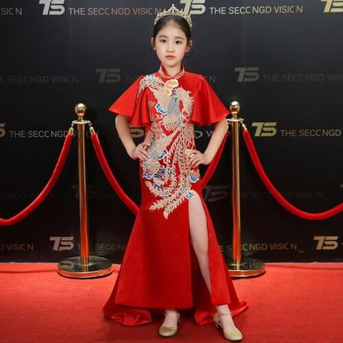 High-end custom girls cheongsam, Childrens national fashion dress, Chinese style Tang costume, show host, improved red tailing