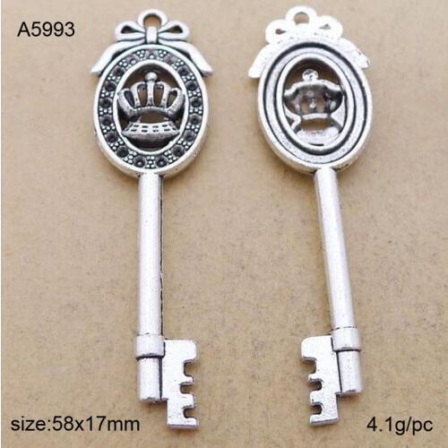 25pcs 58x17mm Antique Silver Zinc Alloy Crown Keys Charms Fine Trendy Pendant Charms Making