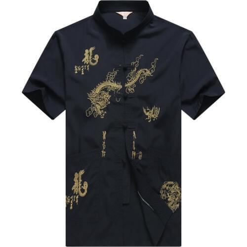 Mandarin Collar Men Traditional Tang Top Dragon Wing Chun Clothing Short Sleeve Kung Fu Shirt Chinese Style Clothes M-XXXL